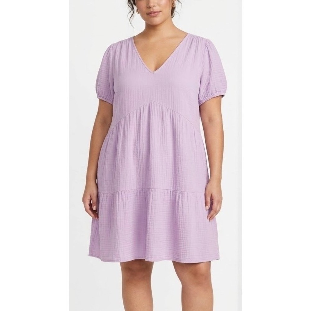 Express Womens XL Lavender Cotton Gauze Tiered V-Neck Mini Dress Puff Sleeve
